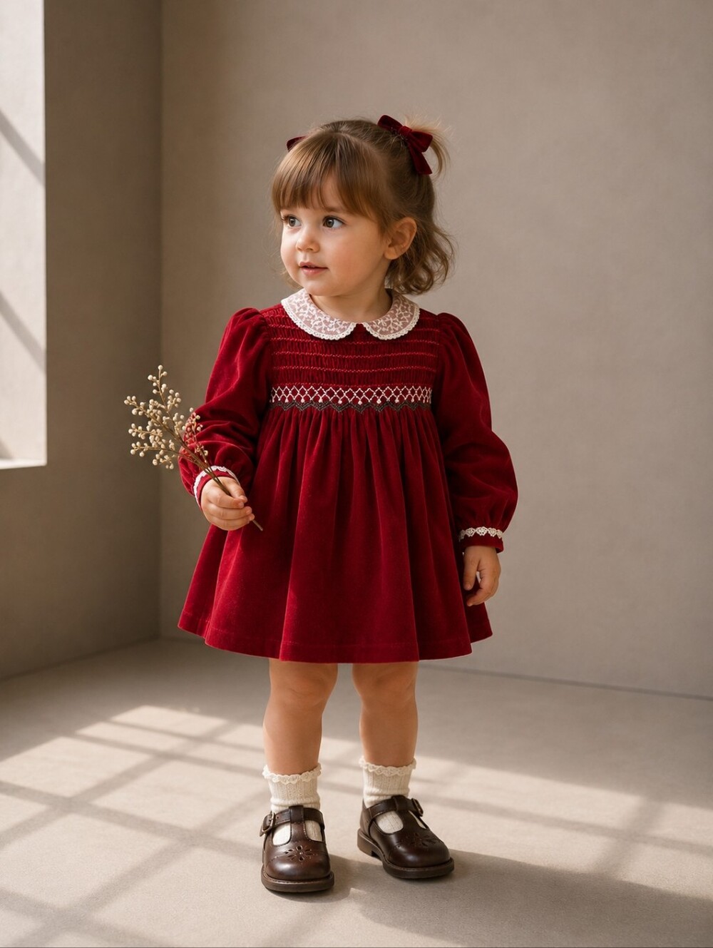 Vintage Polly Flinders 2T Red Velvet Smocked Christmas Dress Lace Collar